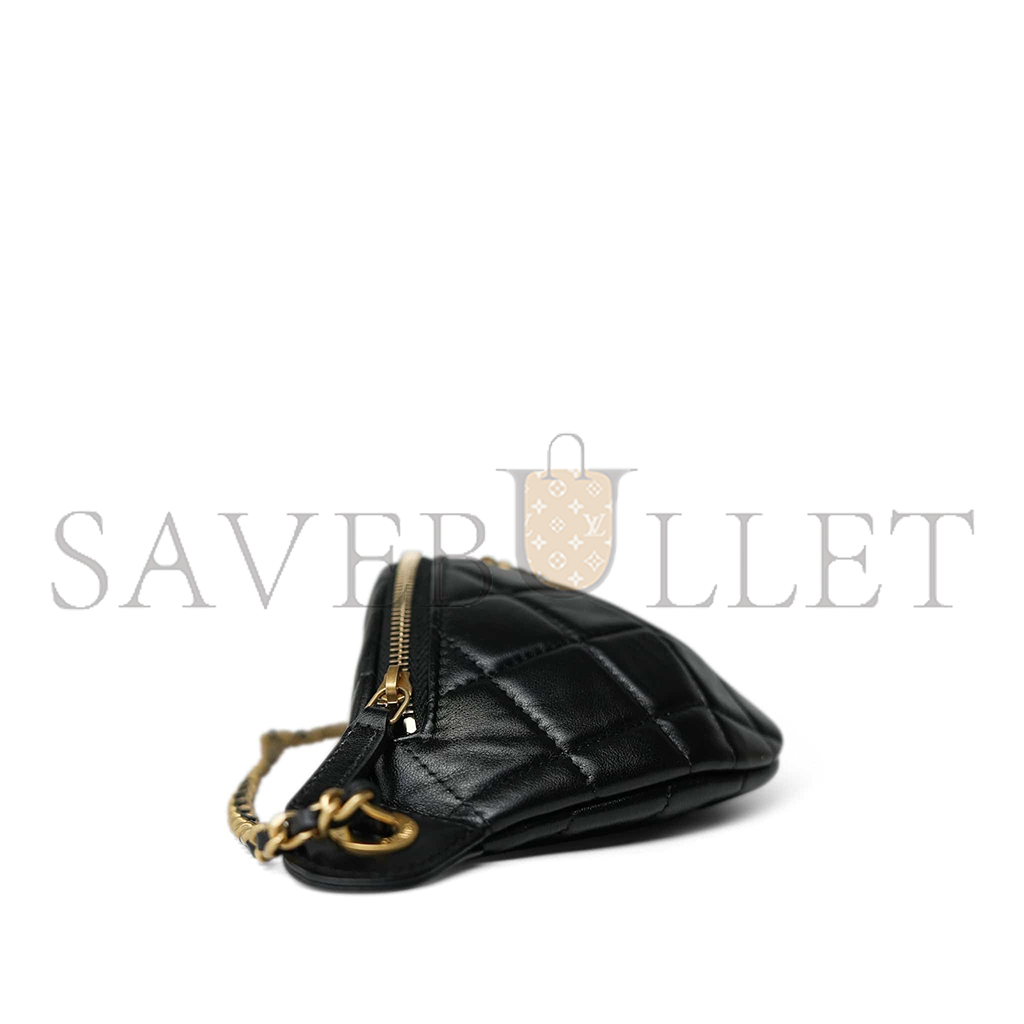 CHANEL 24A BLACK LAMBSKIN QUILTED WAIST BAG BUMBAG ENAMEL CC CHAIN AGED GOLD HARDWARE AS4113 (27*13cm)